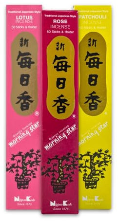 3 x Nippon Kodo Morning Star Japanische Räucherstäbchen Set mit Halter | 3x50 Sticks (Patchouli Rose Lotus) | Natürliche Düfte für Meditation und Yoga