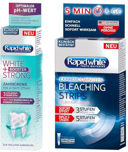 Rapid White STRONG BOOSTER Zahncreme 75 ml + Rapid White Express Bleaching Set gegen Verfärbungen, für dauerhaft weißere Zähne, Zahnaufhellung für Zuhause