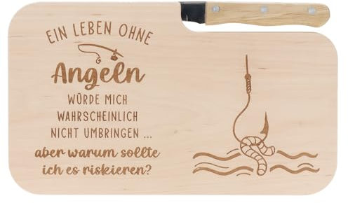 Spruchreif | Brotzeitbrett mit Messer Ein Leben ohne Angeln ist möglich, aber sinnlos – Graviertes Holzbrett mit Angel-Motiv | Lustiges Geschenk für Angler & Naturfreunde