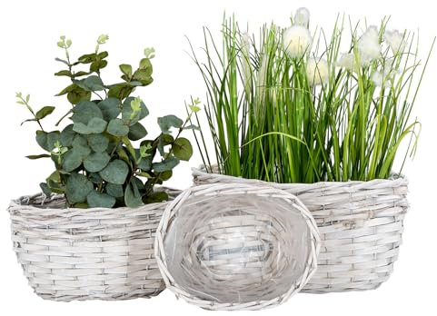 levandeo 3er Set Pflanzgefäß Weide B21-31cm Weiß Garten Pflanzkorb Weidekorb Shabby Chic Vintage Blumenkübel Pflanzkübel Blumenkorb Boho Deko