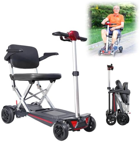 HZWJD 4-Rad-Reisemobilitätsroller,Rollstuhl Faltbar Leicht,Gehhilfe Für Senioren,Roller Für Erwachsene,Elektroscooter,Für Senioren, Erwachsene, Behinderte Ältere Menschen red