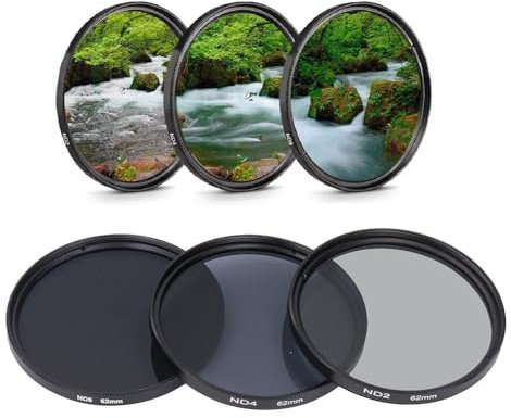 ND-Filter-Set, ND2 ND4 ND8 Neutraldichte-Kameraobjektivfilter, HD-Mehrschichtbeschichtung, Anti-Streulicht-Anti-Kratz-optisches Glas, für Kameraobjektiv (62mm)