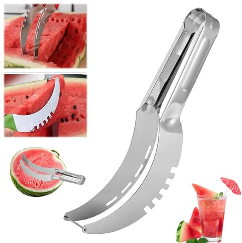 Watermelon Slicer Cutter - Stainless Steel Melon Cutter - Watermelon Cutter Slicer Tool - Watermelon Cutting Fork - Multifunctional Fruit Fork - for Cantaloupe Papaya Dragon Fruit Watermelon (Silvery)
