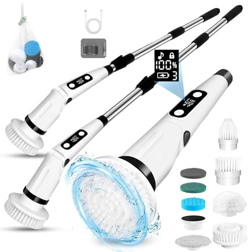 Reinigungsbürste Elektrische, GRUTTI Duschreinigungsbürste mit 8 Verstellbaren Ersatzbürstenköpfen 90°,135°,180°. Elektrische Reinigungsbürste mit Verstellbarem Griff für Badewanne, Fliesen, Boden
