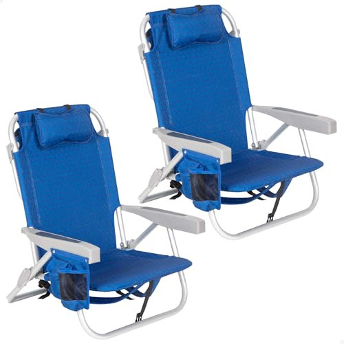 AKTIVE Pack 2 sillas de Playa Plegables, Ancho XXL, 50x53x78 cm, 5 Posiciones, Color Azul, Soportan 110 kg, Incluyen cojín, Asas de Transporte, Bolsillos, Bolsa térmica, Tejido poliéster (85477)