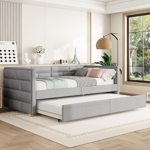 MQLAE Polsterbett Einzelbett 90x200 cm Daybett, Schlafsofa Tagesbett mit Ausziehbares Bett, Bett mit Lattenrost aus Holz, Gästebett Kinderbett Jugendbett Sofabett, Ohne Matratze, Leinen, Grau