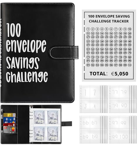 ALLOMN 100 Envelope Saving Challenge Euro, 100 Umschläge Spar Challenge Ordner Geldsparmappe A5 Geldsparbinder Budget Planner zu Sparen 5050EUR Budgetordner für Paare Büros Zuhause Schule (Schwarz)