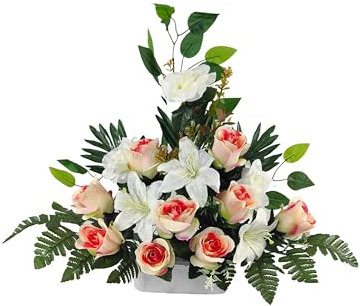 DRW Centro Flores Artificiales para Cementerio Rosa y Blanco 55X50X14