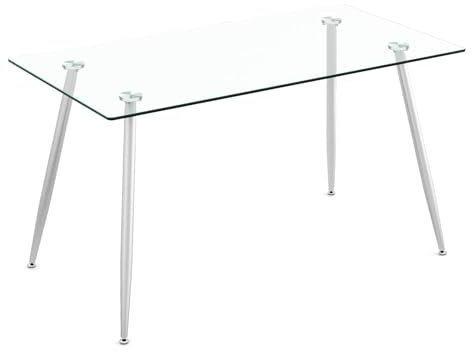 Table de salle à manger moderne avec cadre en métal et verre trempé avec pieds réglables pour la maison, la cuisine, le bureau, le restaurant (argenté, 130 x 70 x 75 cm)