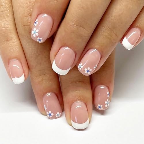 Flower French False Nails,Spring Flower Short Square Press on Nails,Glossy Nude Pink Fake Nails with Glue,Comfortable Fit Stick on Nails,Full Cover French Tip for Women and Girls Nail Art Manicure