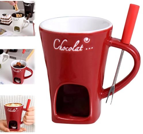Kaezuy Schokofondue Tasse, 200ml Keramik Schokoladenfondue Set, Becher zum Schmelzen von Schokolade, Mehrzweck Chocolate Fondue Set mit Gabel für Käse Schokolade Butter Karamell (Rot)