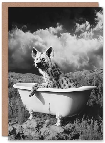 Artery8 Greeting Card Hyena In Desert Bathtub Black White Surreal Blank For Him Or Her Art Birthday Card
