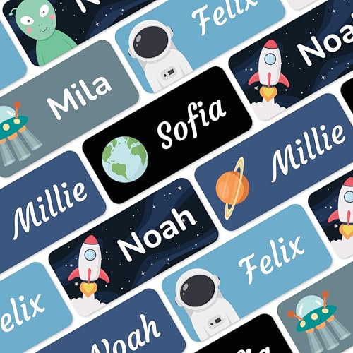 Namensaufkleber für Kinder (120 Stück) - Wasserfeste Namensschilder für Kleidung und Gegenstände, Personalisierte Textiletiketten selbstklebend für Kita & Schule - Weltraum