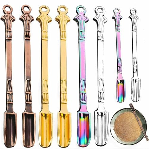 Mini cucchiai, confezione da 8 cucchiai da tabacco vintage, in lega di zinco, 4 colori (oro, argento, bronzo, arcobaleno), 8 cm, misurazione precisa per polvere, spezie e altro ancora