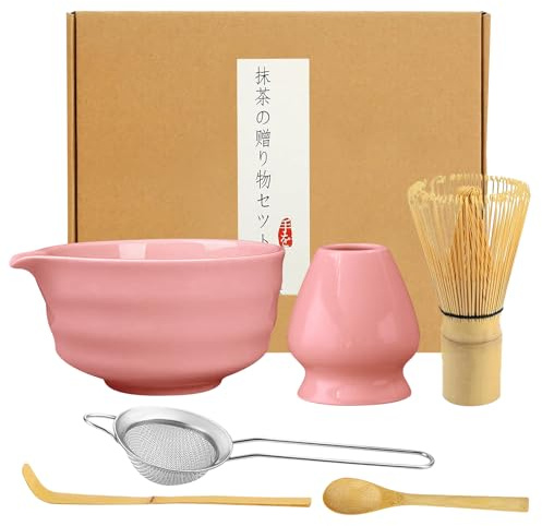 Ensemble de thé matcha 6 pièces : ensemble de thé matcha rose en céramique, ensemble de fouet à matcha, bol à matcha, service à thé japonais, porte-fouet, passoire, accessoires japonais pour la