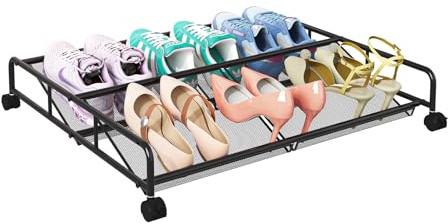 KOSIWU Unterbett-Schuh-Organizer, Metallgitter, Unterbett-Aufbewahrungsbehälter mit Rollen, Schuh-Organizer, Schublade, platzsparend, für Schlafzimmer, 1 Stück