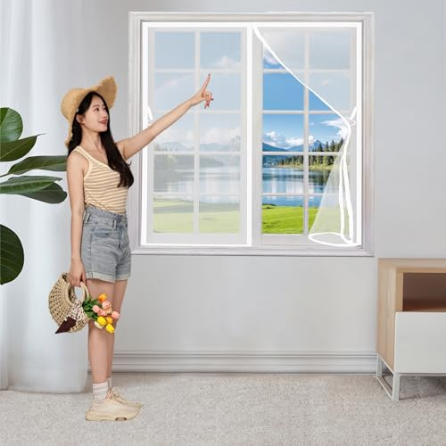 Moustiquaire sur Mesure 97 x 108 cm Moustiquaire Porte Fenetre Magnetique Anti-Mosquito Fermeture Automatique Filet de Fenêtre pour Balcon et Salon, Blanc