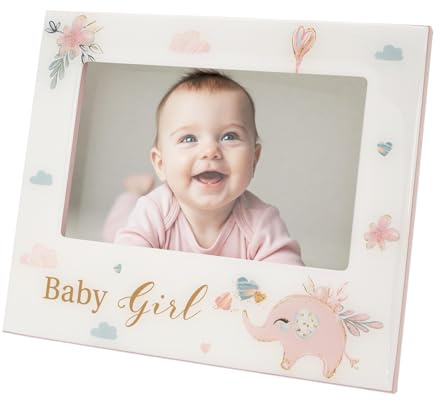 Happy Homewares Baby Girl Baby Picture Frame with Soft Pastel Pink Elephant and Hearts | 6x4 Picture Insert | For Table or Wall Hanging