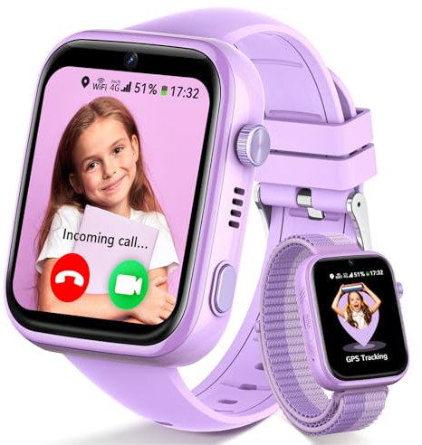 Fitnynxos 4G Smartwatch Kinder mit GPS und Telefon, Kinderuhr mit Videoanruf, SOS, Schulmodus, SMS, Sprachchat WhatsApp, Wecker, SIM, WiFi, IP68 Wasserdicht Schrittzähler Geschenk Mädchen/Jungen, Lila