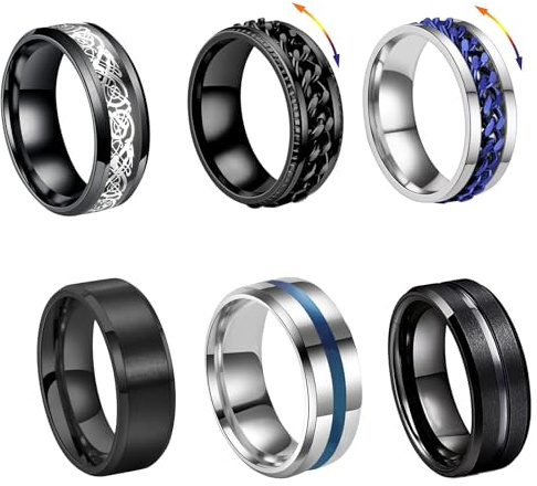 FOSLXIN 6 Stück Edelstahl Ringe Herren, Fidget Ring Herren Spinner Ring, Flaschenöffner Ringe, Ehering Verlobungsringe, Edelstahl Spinnere Ring Set für Männer Frauen