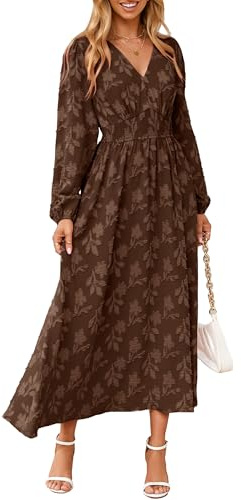 Simplee Womens Boho Floral Long Sleeve Maxi Dress V Neck Empire Waist Fall Wedding Guest Dresses with Pockets, Chocolate Brown, M