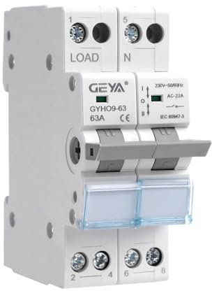 GEYA Interruttore di trasferimento manuale Interruttore di isolamento con conversione manuale a doppia alimentazione con indicatore Montaggio su guida DIN(2P-63A-230V)