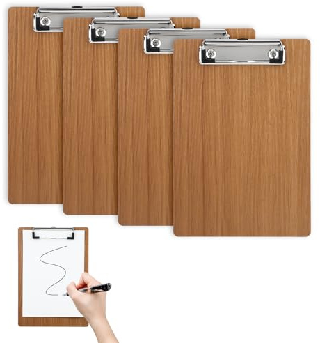 Lot de 4 porte-blocs A5 en bois de cerisier - Avec pince en métal - Petit porte-bloc en bois - Porte-menu A5 - Organiseur de bureau et de loisirs