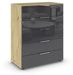 Rauch Möbel Flipp, Kommode, Farbe Glas Basalt/Eiche Artisan, Breite 80 cm | Sideboard, 5 Schubladen, Soft-Close-Funktion, für Schlafzimmer, Gästezimmer, Wohnzimmer, Garderobe, Flur