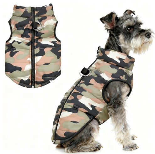 Asmea Hundemantel Winter Hundejacke Warme Hundemantel für Kleine Hunde Winddichte Hundeweste mit Geschirr Loch Schwach Wasserdicht Weihnachten Hundejacke für Chihuahua Dackel Tarnfarbe XS