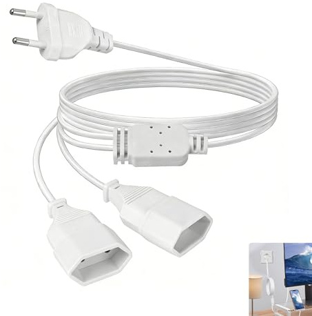 2M Rallonge de Câble d'alimentation,Câble Plat pour Intérieur, Câble d'extension 2 en 1 Européenne, Résistant et Sécurisé pour Usage Domestique, Distribution Pratique de Courant, Blanc