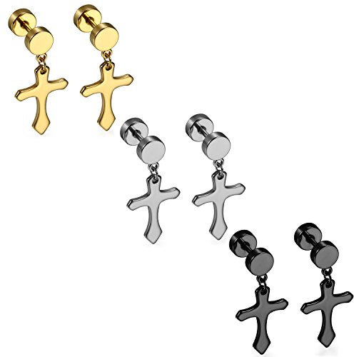 Flongo 3 Paare Kreuz Ohrhänger Set Edelstahl Ohrringe fake plug tunnel mit Kreuz Anhänger punk Ohrstecker für Damen Herren Geschenk gold silber schwarz
