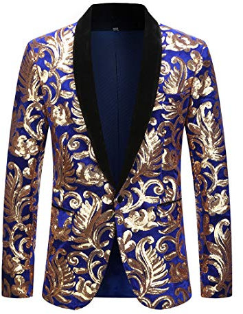 PYJTRL Herrenmode Samt Pailletten Blumenmuster Anzugjacke Blazer (M, Blau 01)