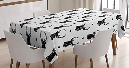 ABAKUHAUS Hirsch Tischdecke, Monochrome Tierkopf, Pflegeleicht mit Modernster Druck Technologie Waschbar und Personalisiert, 140 x 170 cm, Weiß Schwarz