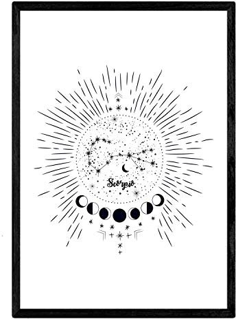 Nacnic Lamina mit der Scorpion-Konstellation. Poster mit Sternzeichen-Symbol in A4-Größe mit Rahmen und weißem Hintergrund