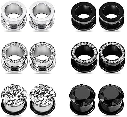 Longbeauty 6 Paar / 12 Stk Edelstahl Schwarze&Silbere Fleish Tunnel Plugs mit Edelsteinen Piercing Schmuck (12mm)
