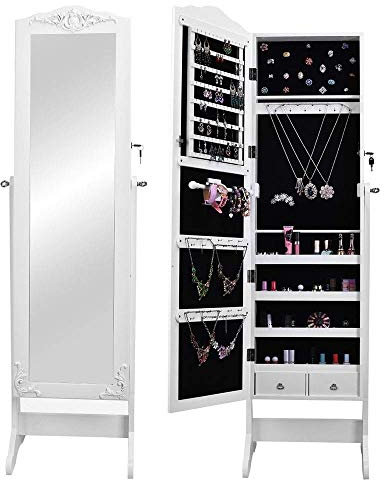 TONGSH Schmuck Spiegelschrank Freistehend Abschließbare Weiß Große Organisator-Speicher Armoire Ganzkörperansicht Holz