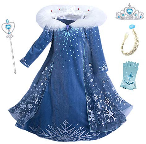 Eleasica Filles Cosplay Robe de Princesse Elsa Manches Longues Reine des Neiges Robe Longue Costume de Robe Bleu Chaude Doux Déguisements Partie Cérémonie Halloween Noël,100,Bleu 4,2-3 ans