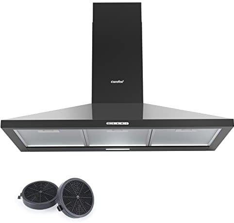 COMFEE' Cappa Aspirante 90 cm PYRA17B-90 Nera Cappa Cucina con LED, Sistema di Ricircolo e Canalizzazione e Filtri a Carbone