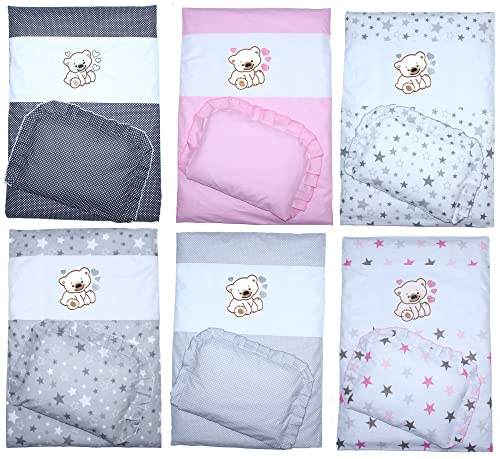 Kinderwagenset Baby Kind - Bärchen mit Herzen - Kinderwagendecke mit Kissen Decke mit Kissen (2 teilig, Star Rosa)