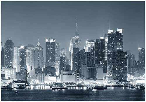 Wallario Vliestapete Fototapete New York Skyline - Schwarz Weiß Blau - Wandtapete Größe: 200 x 140 cm