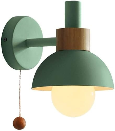 UimimiU Modern Iron Wood Wall Light with Pull Cord Switch, E27 Round Sconce, Bedside Reading Light, Bedroom Living Room Lighting (Green)