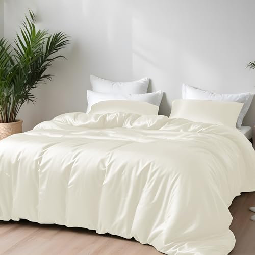 LINENWALAS 2-teiliges Bettbezug-Set aus 100 % natürlichem Bambus, mit Reißverschluss und Eckbändern, weichste, kühle Bettwäsche, perfekt für Hautpflege (Einzelbett, Elfenbein)