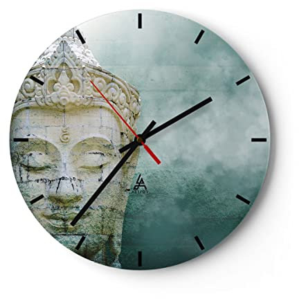 Modern Wanduhr Buddha Grafik Türkis 30x30cm Rund Klein Wand Uhr Glas Analog Zimmeruhren Küche Büro Wohnzimmer Glasuhr Wall Clock Dekoration Design Wanddekoration Küchenuhr C3AR30x30-4342