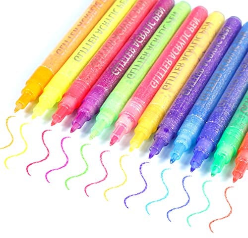 SMOOTHERPRO Glitter Paint Pens Acrylic Ink Markers 12 Colors Rock Painting Water Based Painting Supplies for Glass Wood Ceramic Fabric Decorating (LGP12)