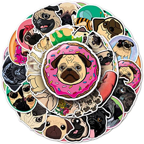 Affoto Pug Puppy Aufkleber für Laptop (50 PCS), Geschenk für Kinder Jugendliche Erwachsene Jungen,Cartoon Pug Dog Stickers Wasserdicht Vinyl Aufkleber für Scrapbook,Skateboard,Auto,Gepäck
