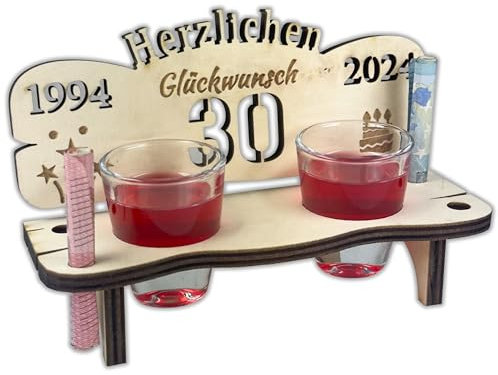 Urhome Schnapsbank mit Jahreszahl 30 Gravur zum Geburtstag, Jubiläum, Jahrestag aus Holz - 2 Schnapsgläser - 30 Jahre Hell Braun