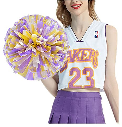 SHTGOI 4 Stück Cheerleading Pompoms Cheerleader Pom Poms Handblumen mit Ring Hell Handgekurbelter Blumenball für Sportwettbewerb Urlaub Feiern Tänze Karnevalspartys Lila+Gelb+Weiß