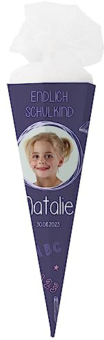 Striefchen® Schultüte mit Foto und Namen Ihres Kindes - eckig, fertig gebastelt Schultafel 80 cm Lila