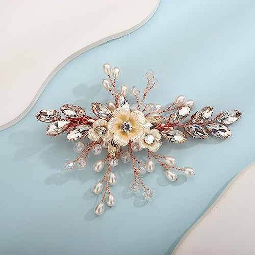 Xerling Barrettes à cheveux en forme de fleur en cristal doré rose avec strass et perles - Accessoires de cheveux pour femme - Accessoires de mariage - Doré rose