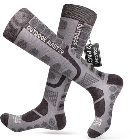 OutdoorMaster 2 Paar Unisex Merinowolle Kompression Skisocken für Damen & Herren, OTC Design/Anti-Rutsch-Bündchen Atmungsaktive Winter Thermal Socken für Snowboarden